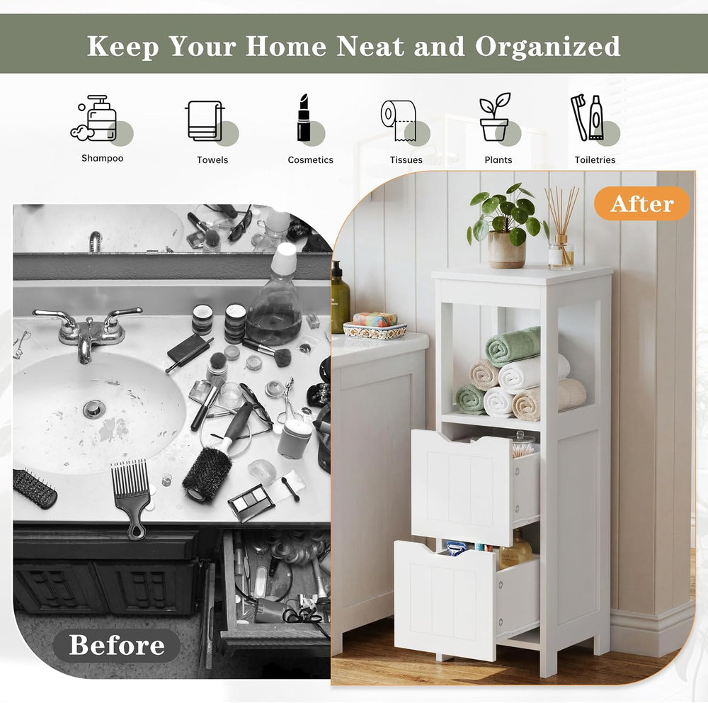 Shintenchi Small Bathroom Storage Cabinet, 2 Drawer Slim Floor Cabinet