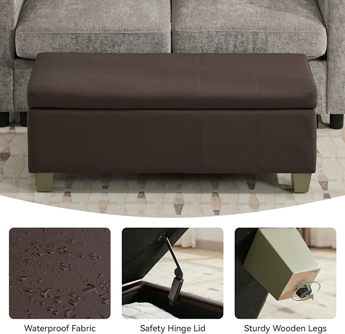41" Faux Leather Storage Ottoman, Stitch Tufted Rectangle Upholstered En...