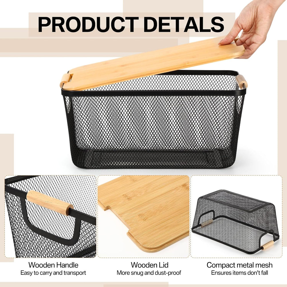 4 Pcs Black Metal Wire Basket with Wooden Handles and Bamboo Lids 14.37"...