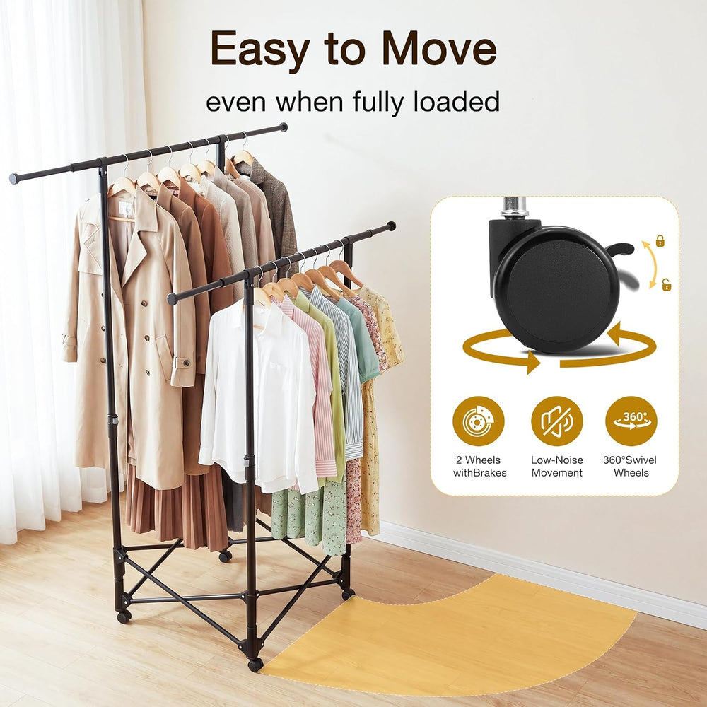 No-assembly Clothes Rack,Double Rod 59-Inch Rolling clothing rack