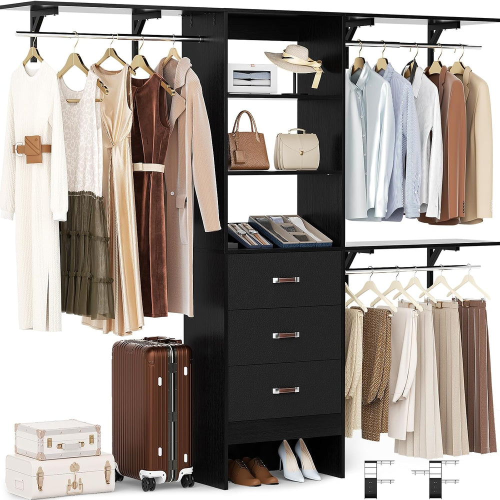 Besiost Closet System with Drawer - 8FT Wood Closet Organizer System with 3 H...