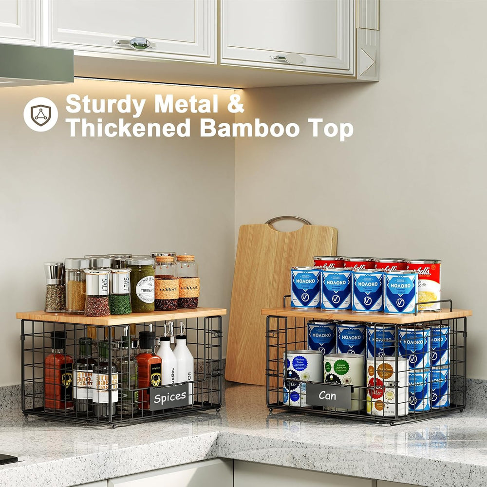 2 Pack Stackable Wire Baskets with Bamboo Top,Pantry Organizers Counter