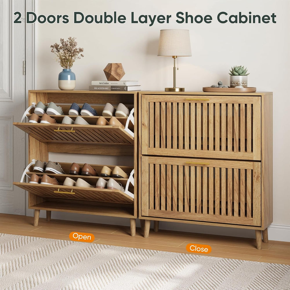 Smart FENDEE Shoe Storage Cabinet with 2 Flip Slatted Drawers, Narrow Freesta...