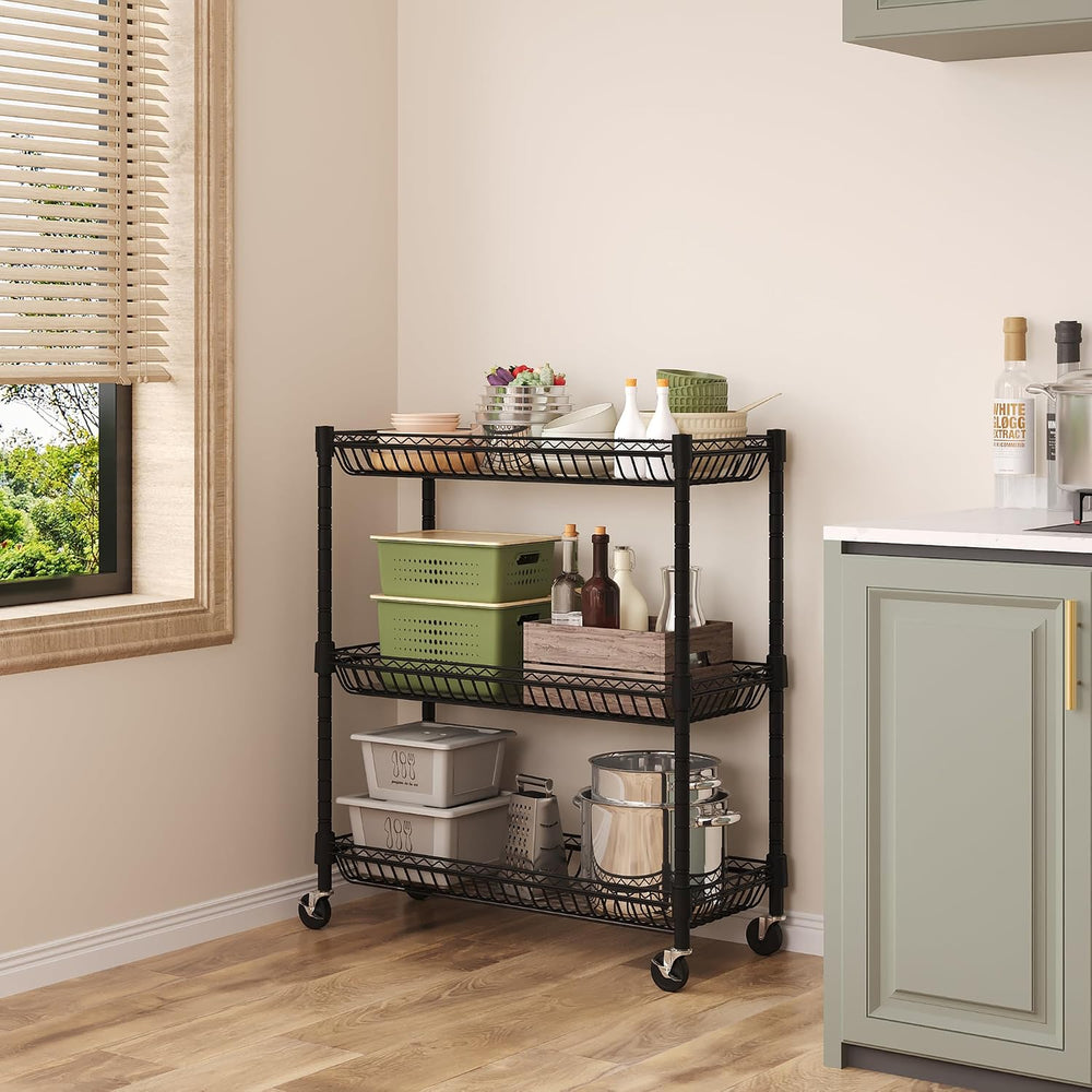 3-Tier Rolling Storage Shelves with Wire Baskets,30 x 13.5 x 30in
