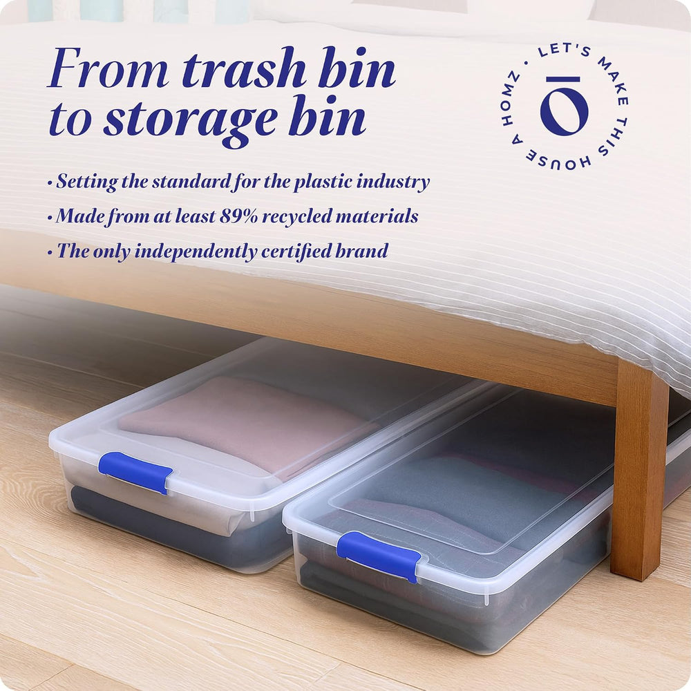 HOMZ Under Bed Clear Plastic Storage Bin w/Lid, 60 Qt, Blue Latch, 2 Pack