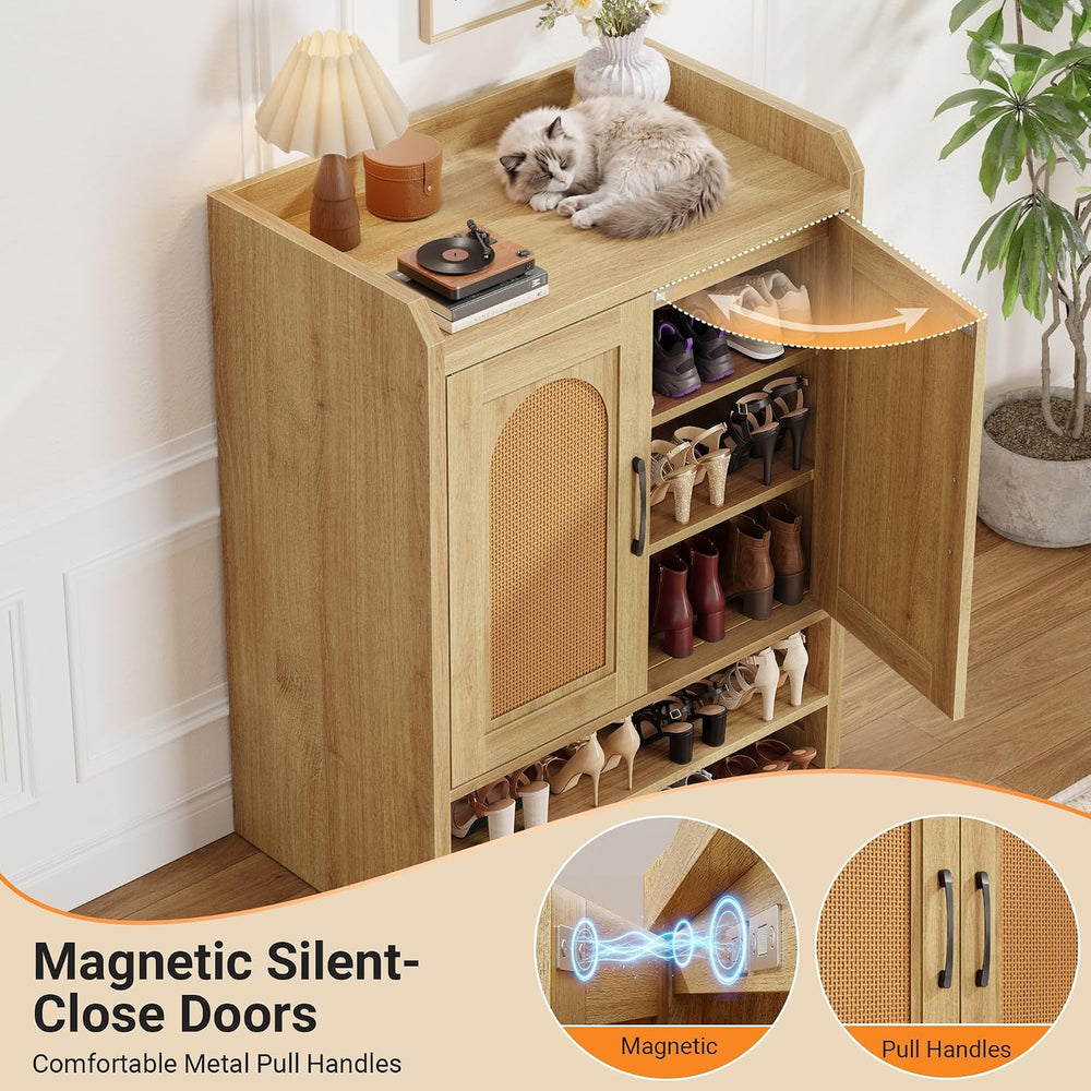 5-Tier Rattan Shoe Cabinet with Doors, 1.2" Thick Hidden Shoe Rack, Natural
