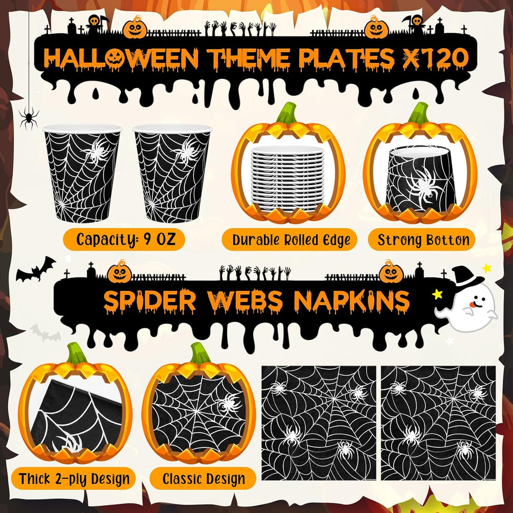 Jingmore 240 Pcs Halloween Party Supplies Dessert Plates Cups, Napkins