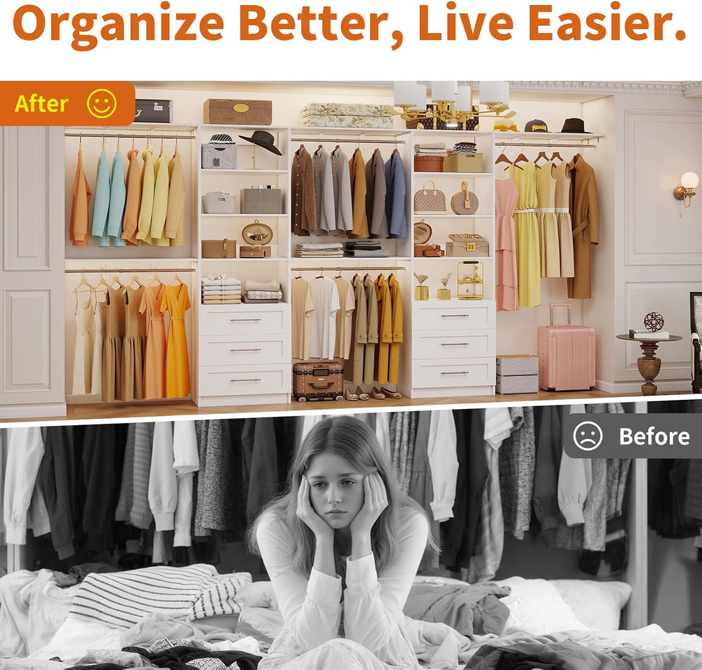 Closet System with 6 Drawers, 6-12.3FT Closet Organizer System Wood with 8 Sh...