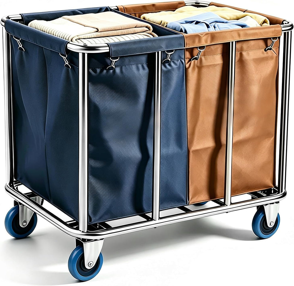 Commercial Laundry Cart with Wheels, 400L 2-Section Industrial Rolling Laundr...