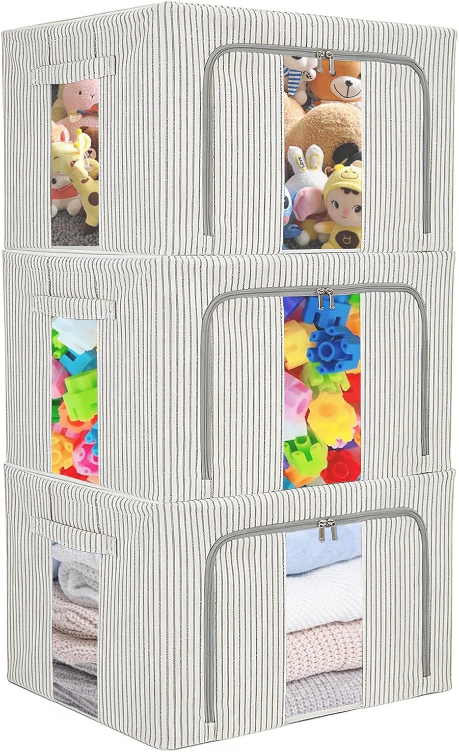 3 Pack Clothes Storage Bins, Foldable Metal Frame Storage Box with Lids,Stack...