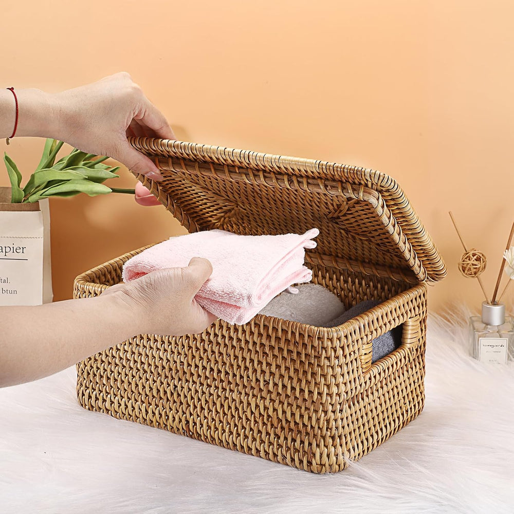 Hipiwe Rattan Basket with Lid Rectangular Lidded Wicker Storage Basket Bin