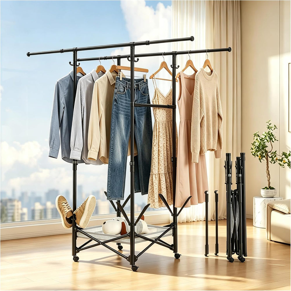Foldable Collapsible Rolling Clothes Drying Rack,Adjustable Double Rods Laund...
