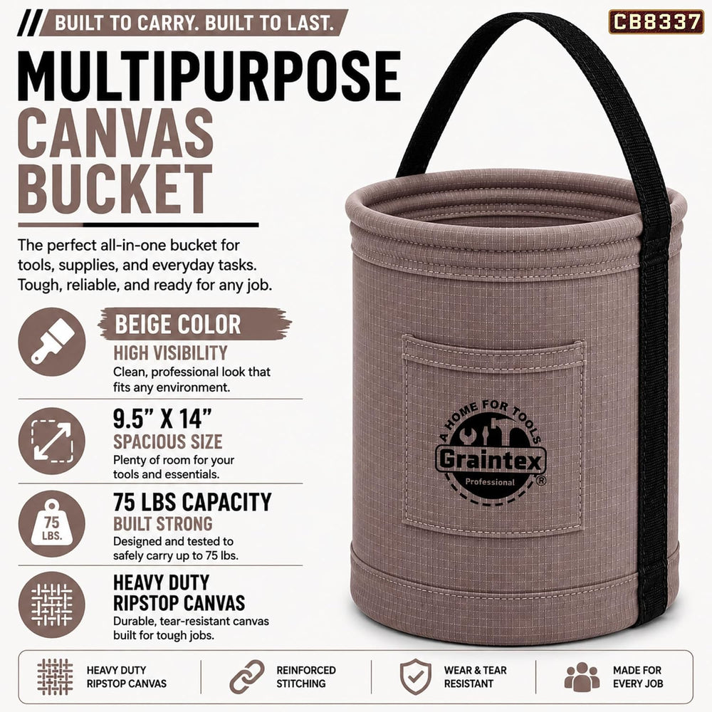 Graintex Canvas Utility Bucket 9.5"x14", Round Tool Bucket, Reinfor...