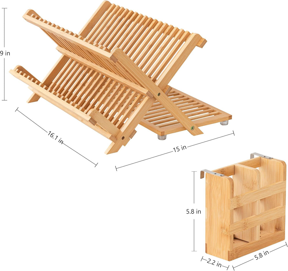 HBlife Bamboo Dish Drying Rack with Utensil Holder, 3-Tier Large Collapsible ...