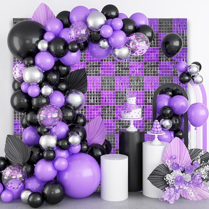 12PCS Black Purple Shimmer Wall Backdrop, Square Sequin Photo Backdrops Panel...