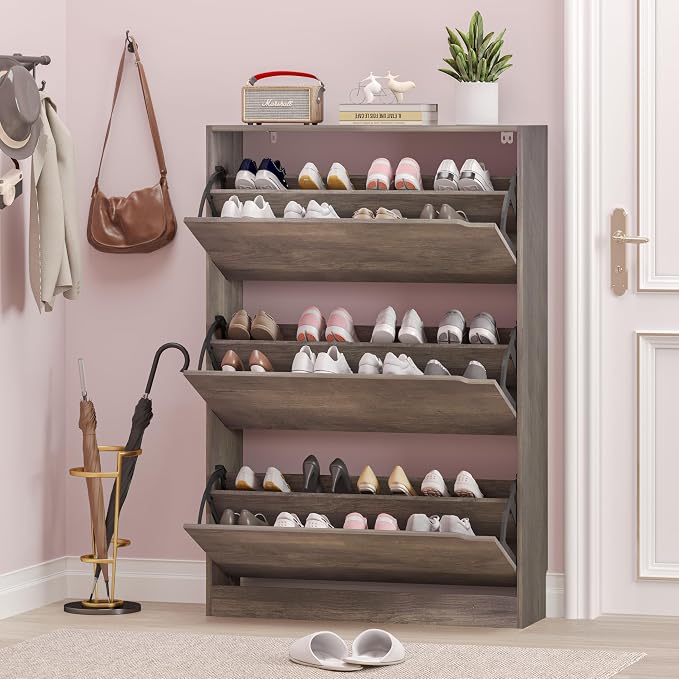 Shoe Cabinet with 3 Flip Drawers, Hidden Wood Shoe Cabinet, Freestanding Shoe