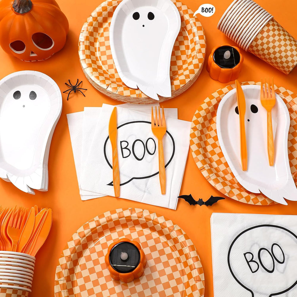 Yungyan 144 Pcs Halloween Paper Plates and Cups Ghost Plates Boo Napkins