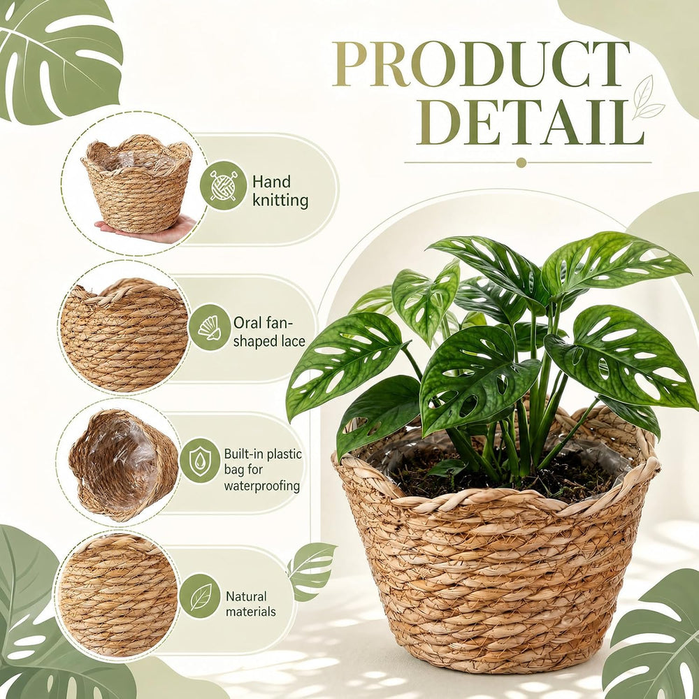 4 Pack Seagrass Woven Plant Basket with Waterproof Plastic Liner, Wicker Stra...