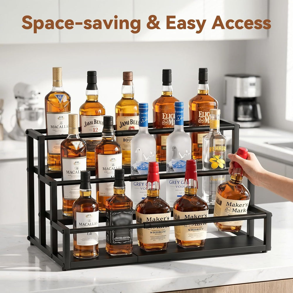Nuovoware Expandable Liquor Bottle Display Shelf, 3-Tier, Black
