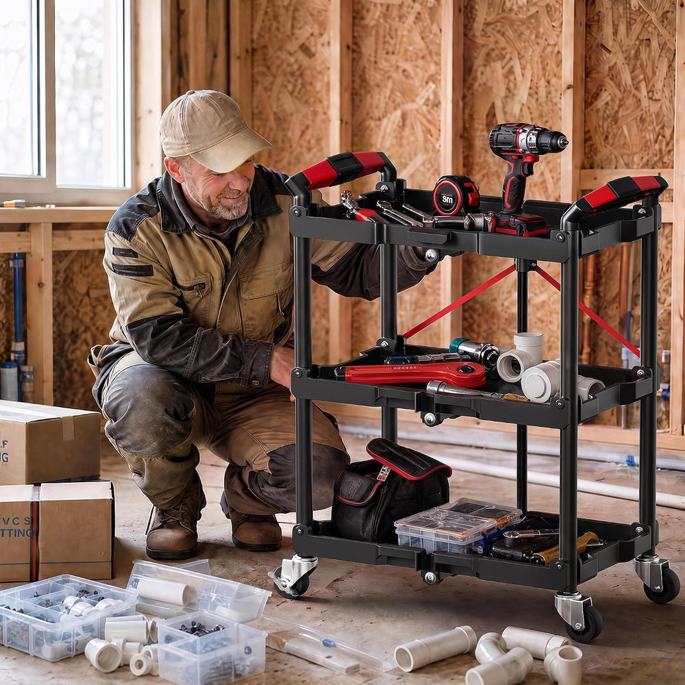 Rolling Cart, 3-Tier Utility Cart, 25 x 16 in Foldable Tool Cart, 300 lb