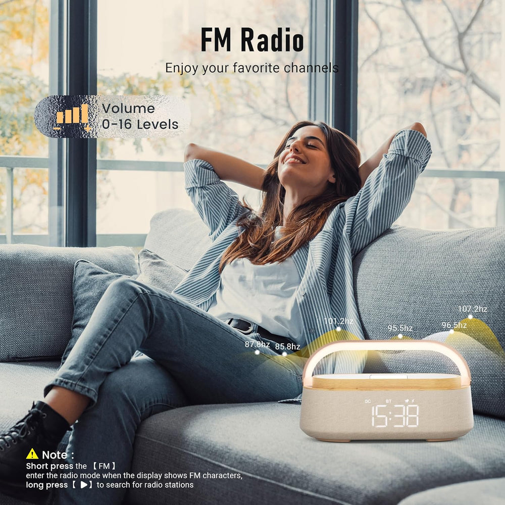 Alarm Clock Bedroom with Wireless Charger Bluetooth Speaker FM Radio Light