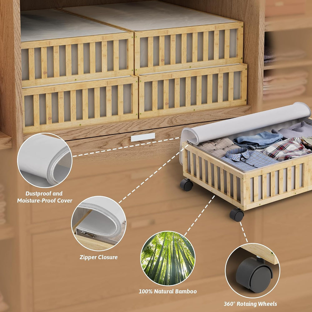 MHXW SXPN 2 Pack Bamboo Under Bed Storage Containers with Wheels, Nature