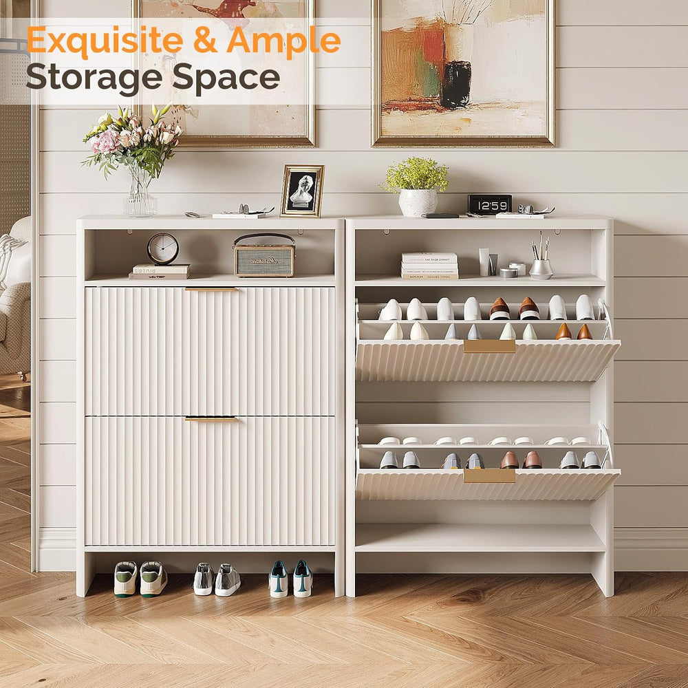 VINGLI White Slim Shoe Cabinet with Curved Edges, Modern Hidden Shoe Storage ...