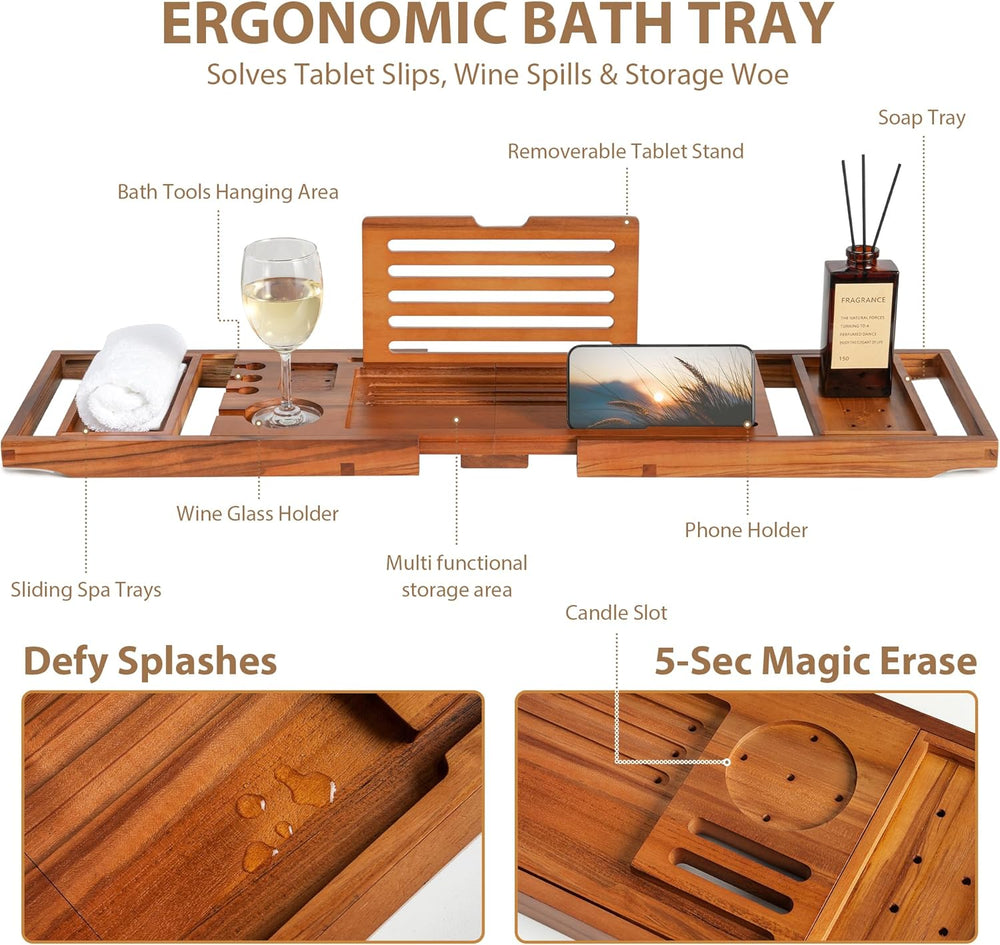 Teak Bathtub Tray, Adjustable Wood Bath Organizer Caddy