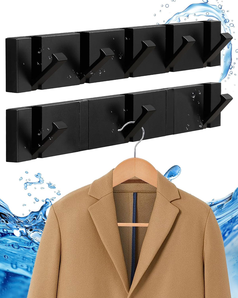 Waterproof Black Wall Hooks - 2 Pack Modern Foldable Towel Hooks for Bathroom...
