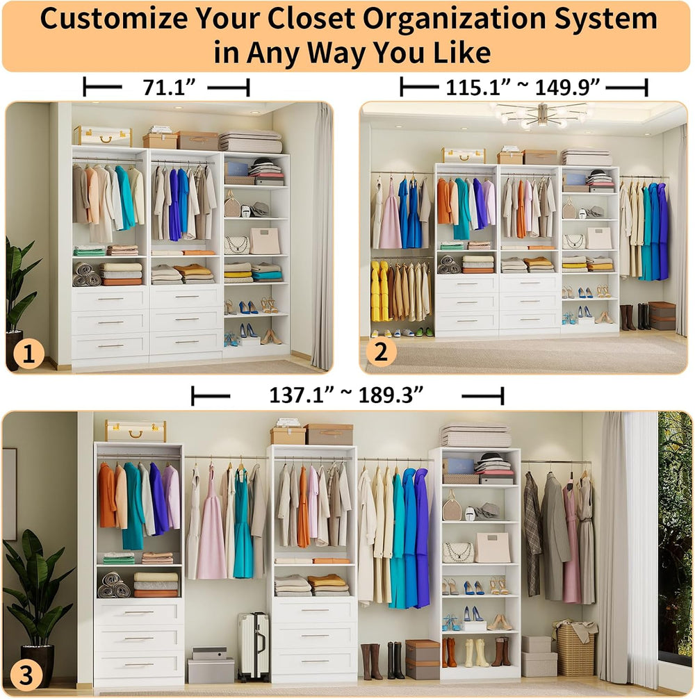 Closet System with 3 Sets, 6-15.8FT Custom Closet Organizer System with 6 Dra...