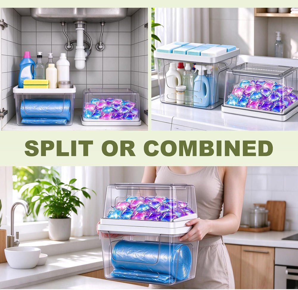 Trash Bag Dispenser with Laundry Pod Storage, Clear Under Sink Organizer
