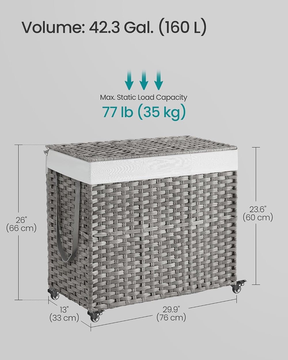 SONGMICS Rolling Laundry Hamper with Lid, 160 L 3-Section Synthetic Rattan