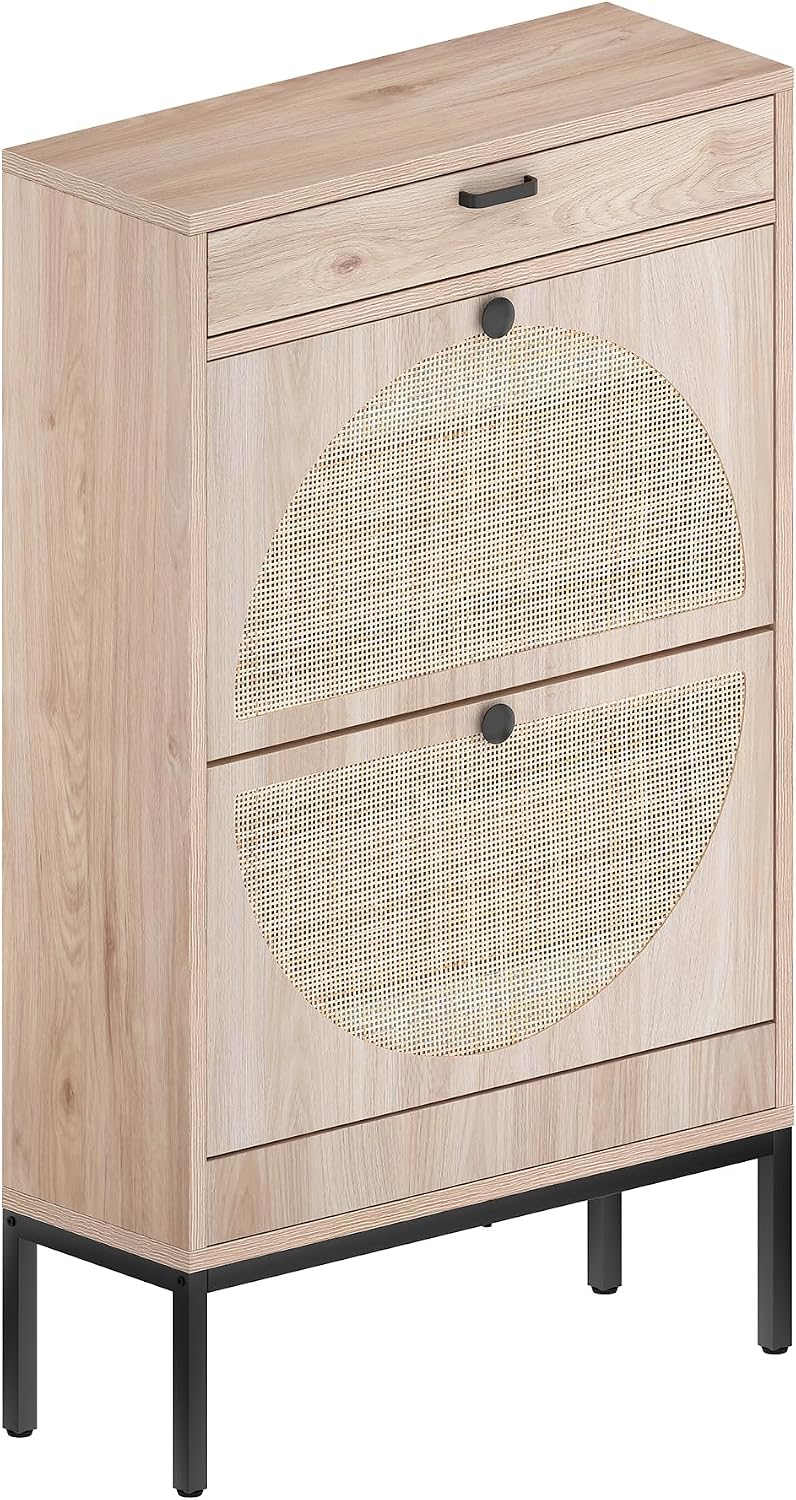 XIAO WEI Cabinet With 2 Rattan Curved Pattern Flip Drawers, Freestanding Shoe...