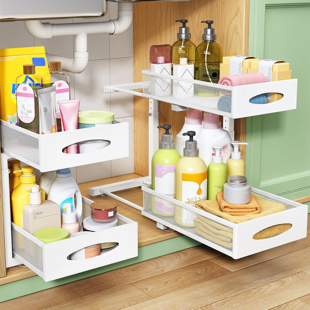 Under Sink Organizer, 2 Pack 2 Tier Pull out Cabinet Organizer Baskets with M...