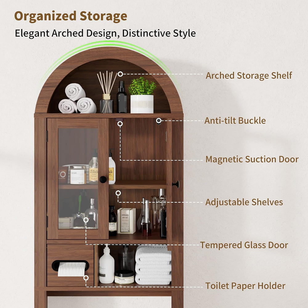 Arched Over the Toilet Storage Cabinet with Tempered Glass Doors, Walnut