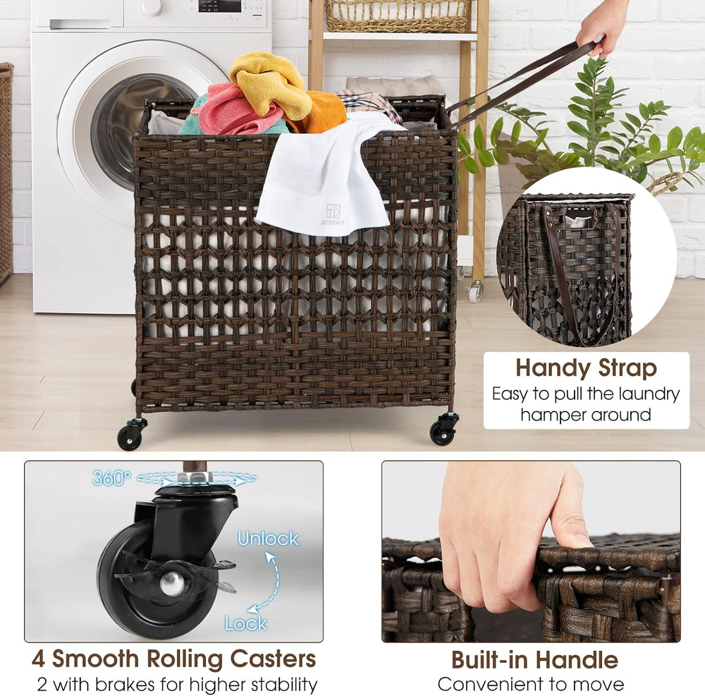 GOFLAME Laundry Hamper with Lid and Wheels, 110L Folding Synthetic Rattan Clo...