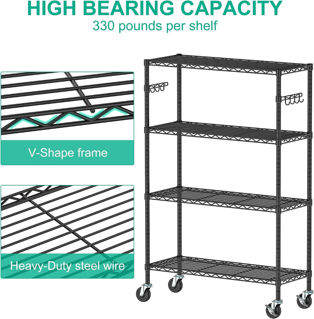 Folews 4-Tier Shelving Unit with Wheels, Metal Rolling Storage Shelves