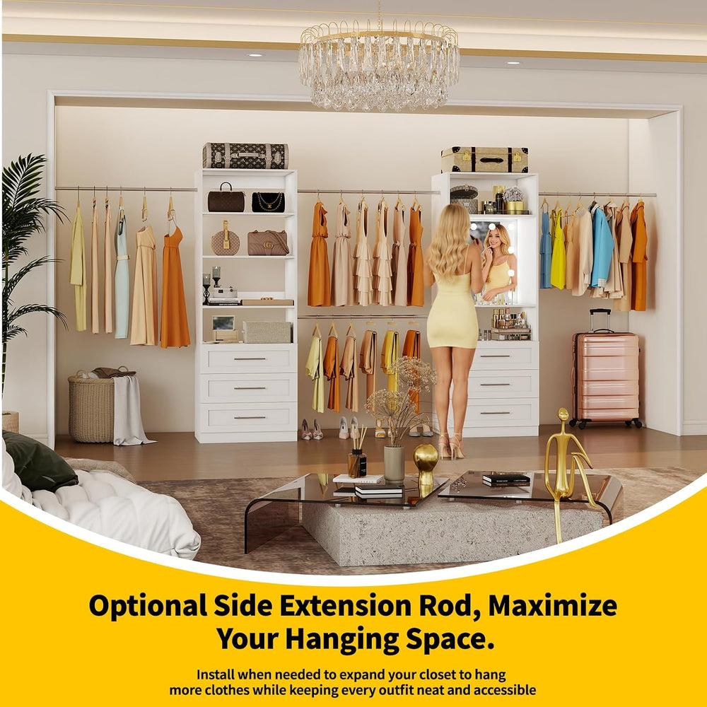 Fastgo Closet System with Drawers, Light & Mirror, 2FT-9.8FT Hanging Clos...