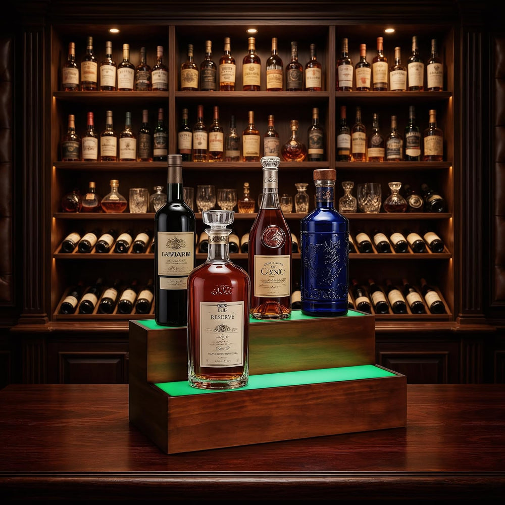 2 Pack LED Liquor Bottle Display Shelf , 2 Tier Real Wood Bar Shelves for Liq...