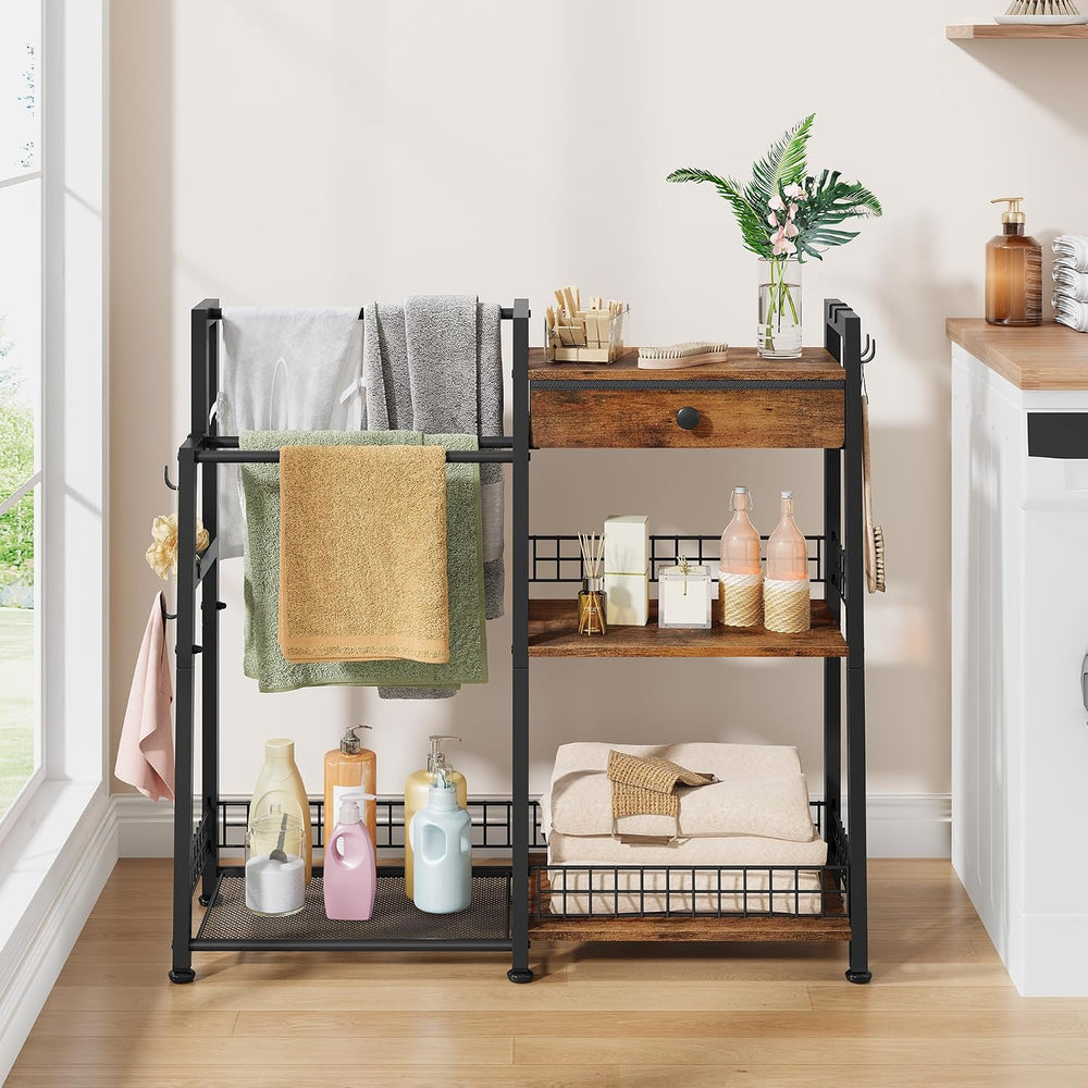 2-in-1 Bathroom Ladder Shelf with Towel Rack & Drawer,Rustic Brown