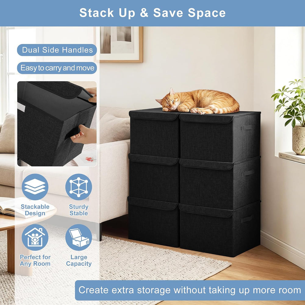 Large 22 Quart Linen Fabric Foldable Storage Bin Cube Organizer Basket with F...