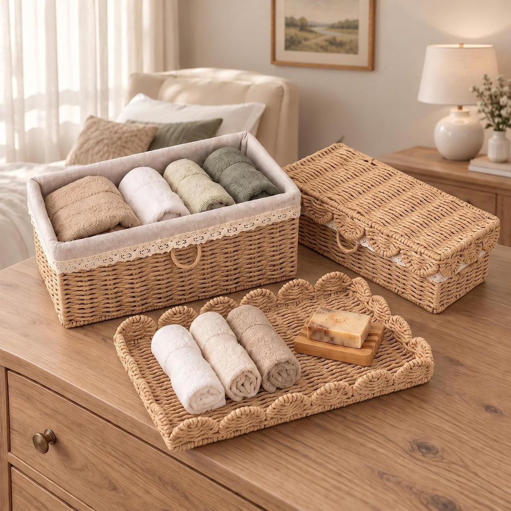 Scalloped Wicker Baskets with Lid, 2 Pack, 4 Liners, Paper Rattan