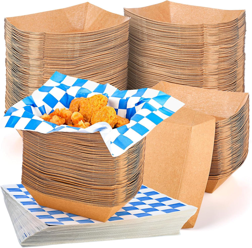 1000 Pcs Food Boats & Greaseproof Liners, Blue and White, Checkered