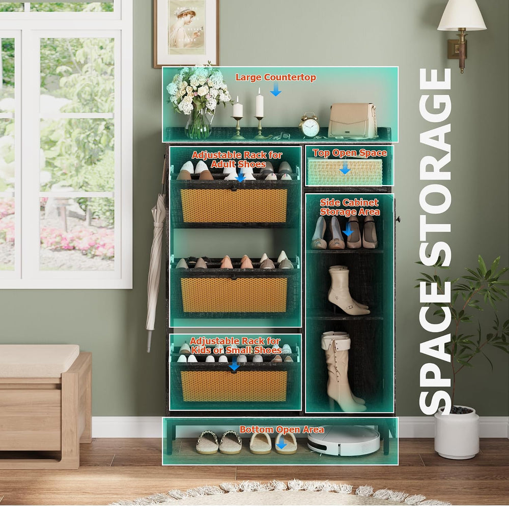 GarveeHome Shoe Cabinet Rattan with 3 Flip Drawers