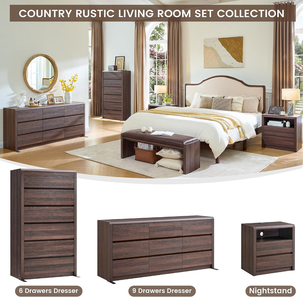 63” Wide Dresser for Bedroom, 9 Drawer Dresser, Walnut Dresser, Rounded Corne...