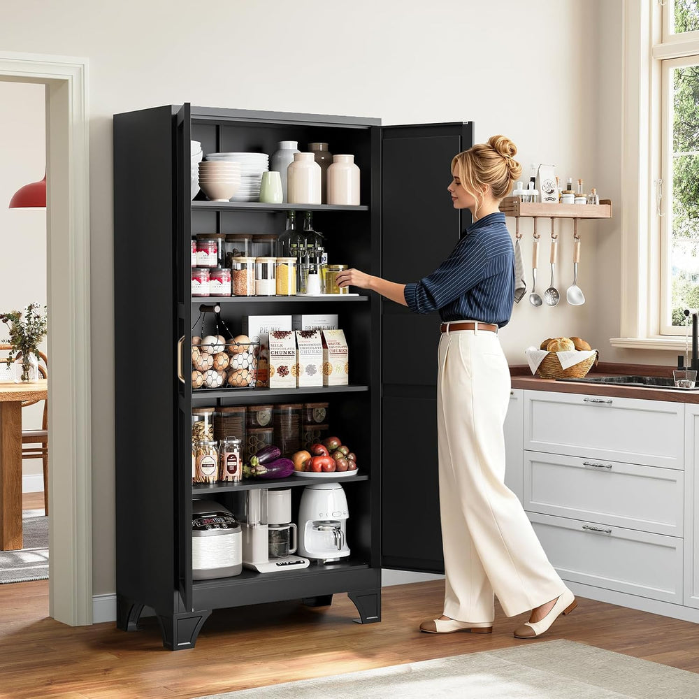 Black Tall Pantry Cabinet Kitchen Metal Garage Storage Cabinet Cupboard 75"