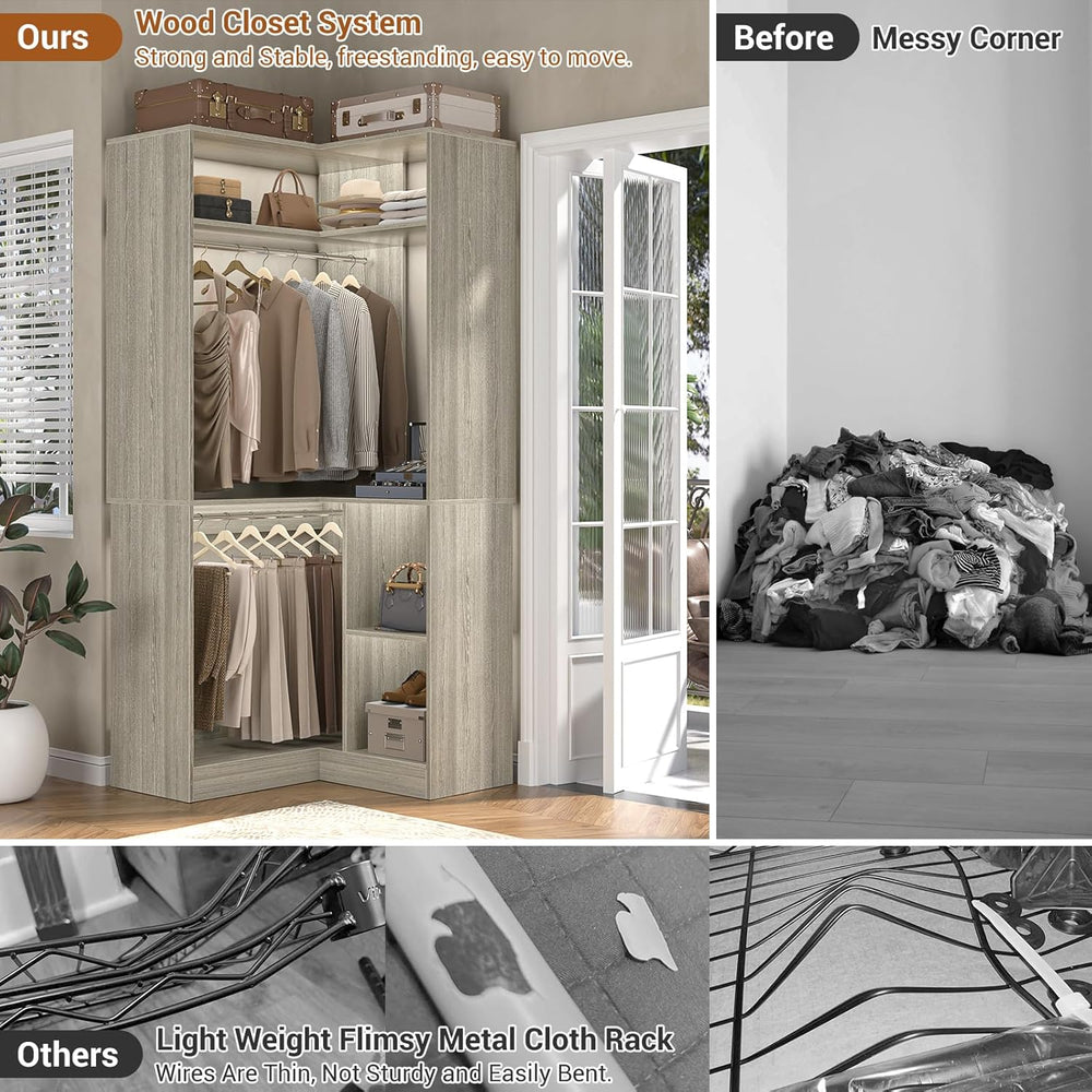 Aheaplus Corner Closet System with Shelves, L Shaped Closets, White Oak