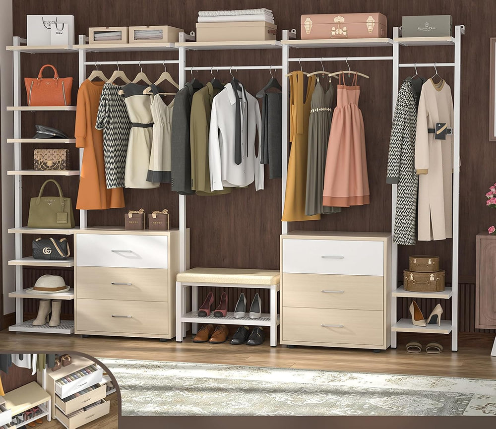 Aheaplus Closet System with 6 Drawers, 8FT Wood & Metal Closet Organizer