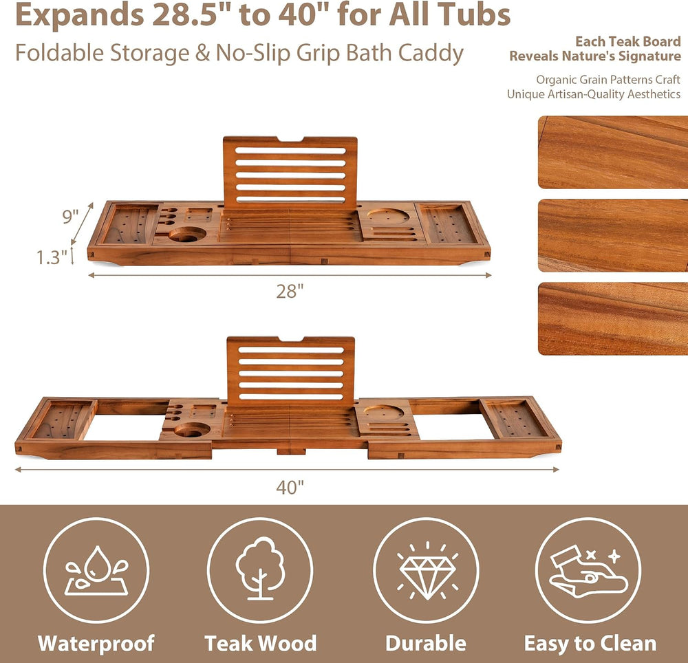 Teak Bathtub Tray, Adjustable Wood Bath Organizer Caddy