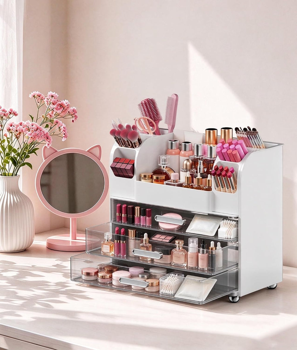 Hanyi Makeup Organizer for Vanity, 3 Clear Drawers, 6 Brush Holders, White